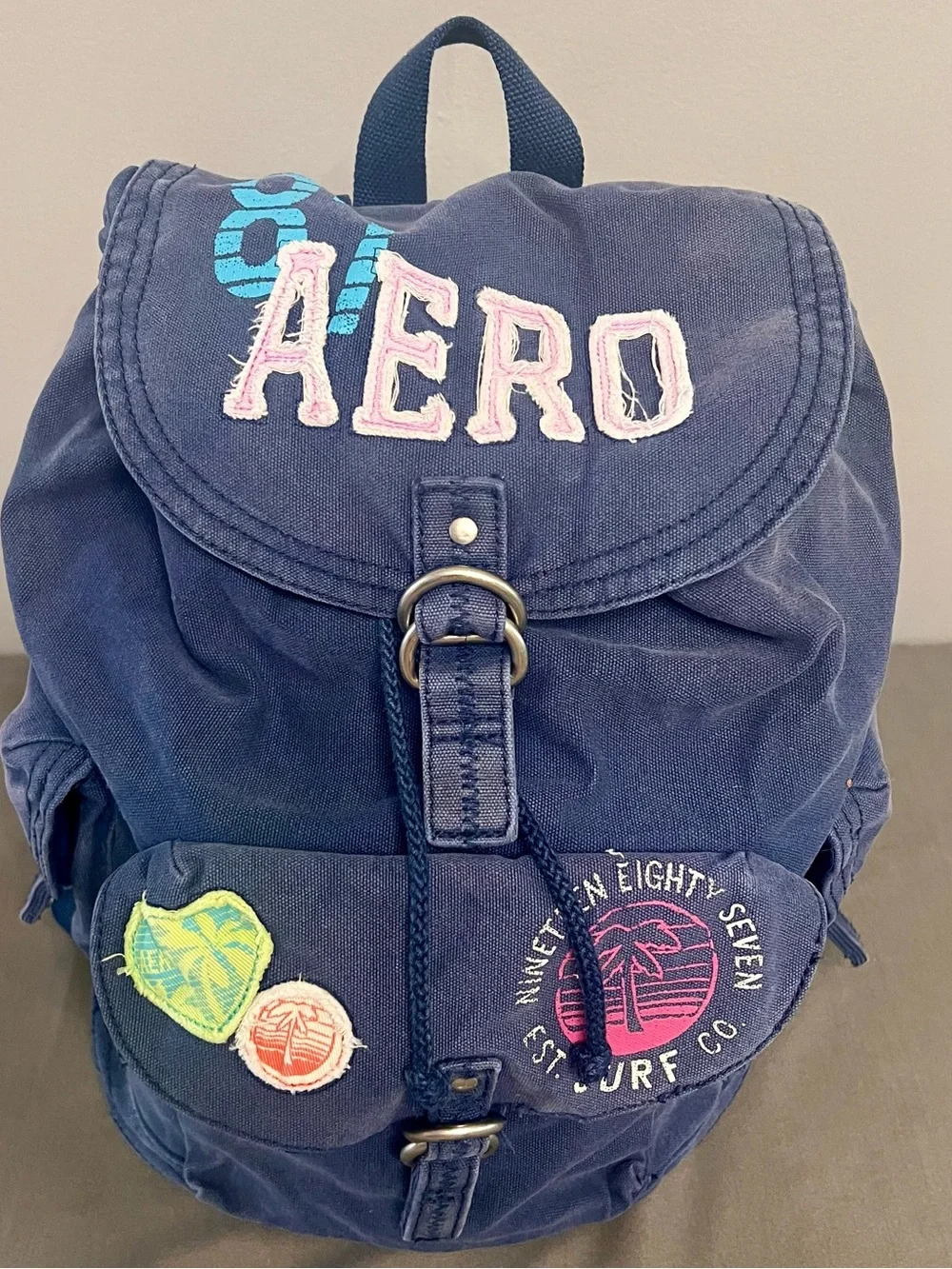 VTG Y2K Aeropostale Navy Blue Canvas Drawstring Rucksack Small Backpack